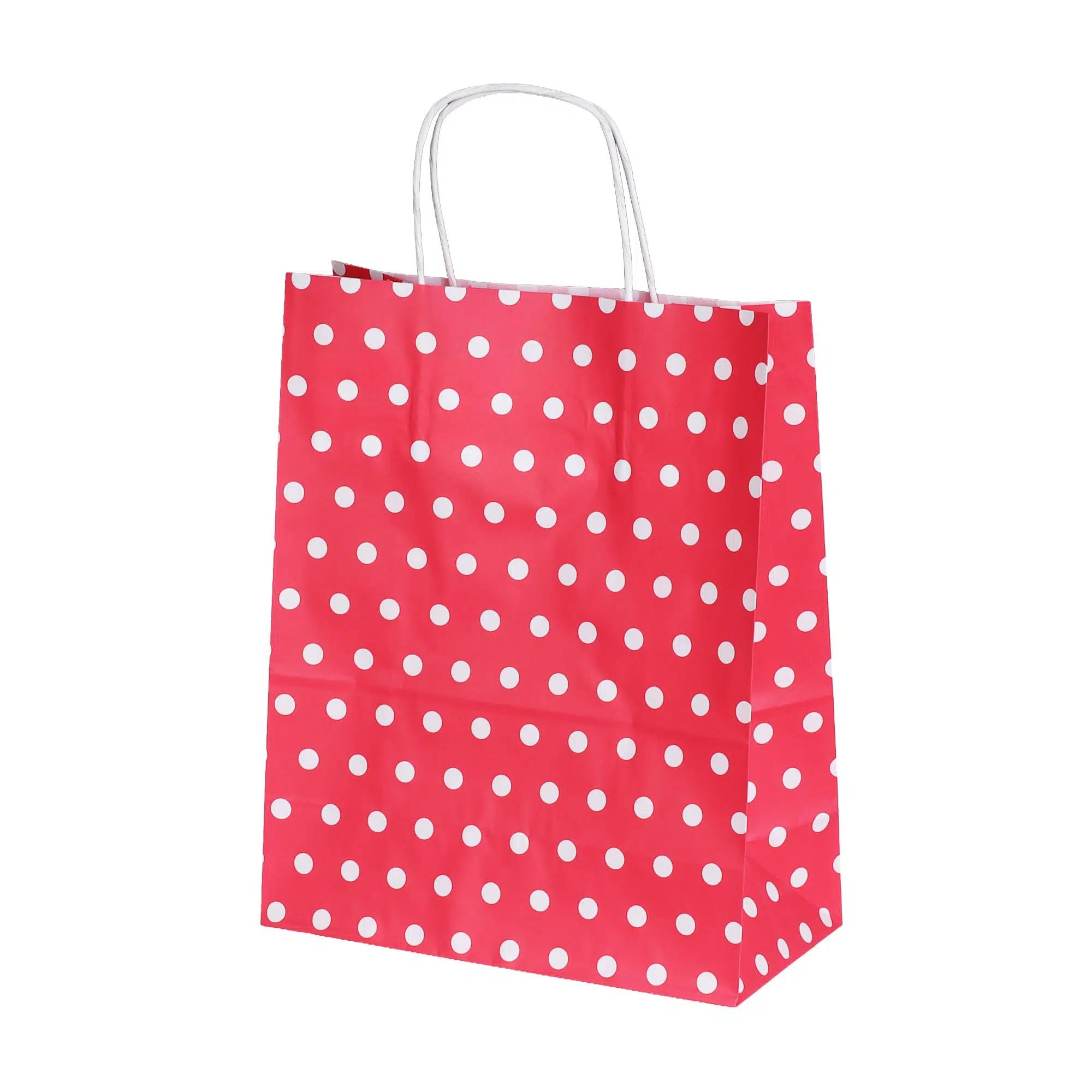 Burgu Saplı Puantiye Pembe Kağıt Çanta 25x12x31 cm - 25 Adet